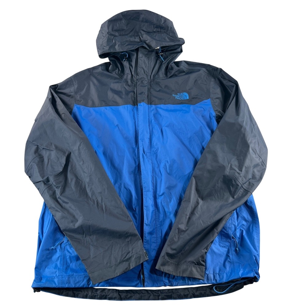 The North Face HyVent 2.5L Rain Jacket Mens L Blue Grey Hooded Shell Hiking FLAW